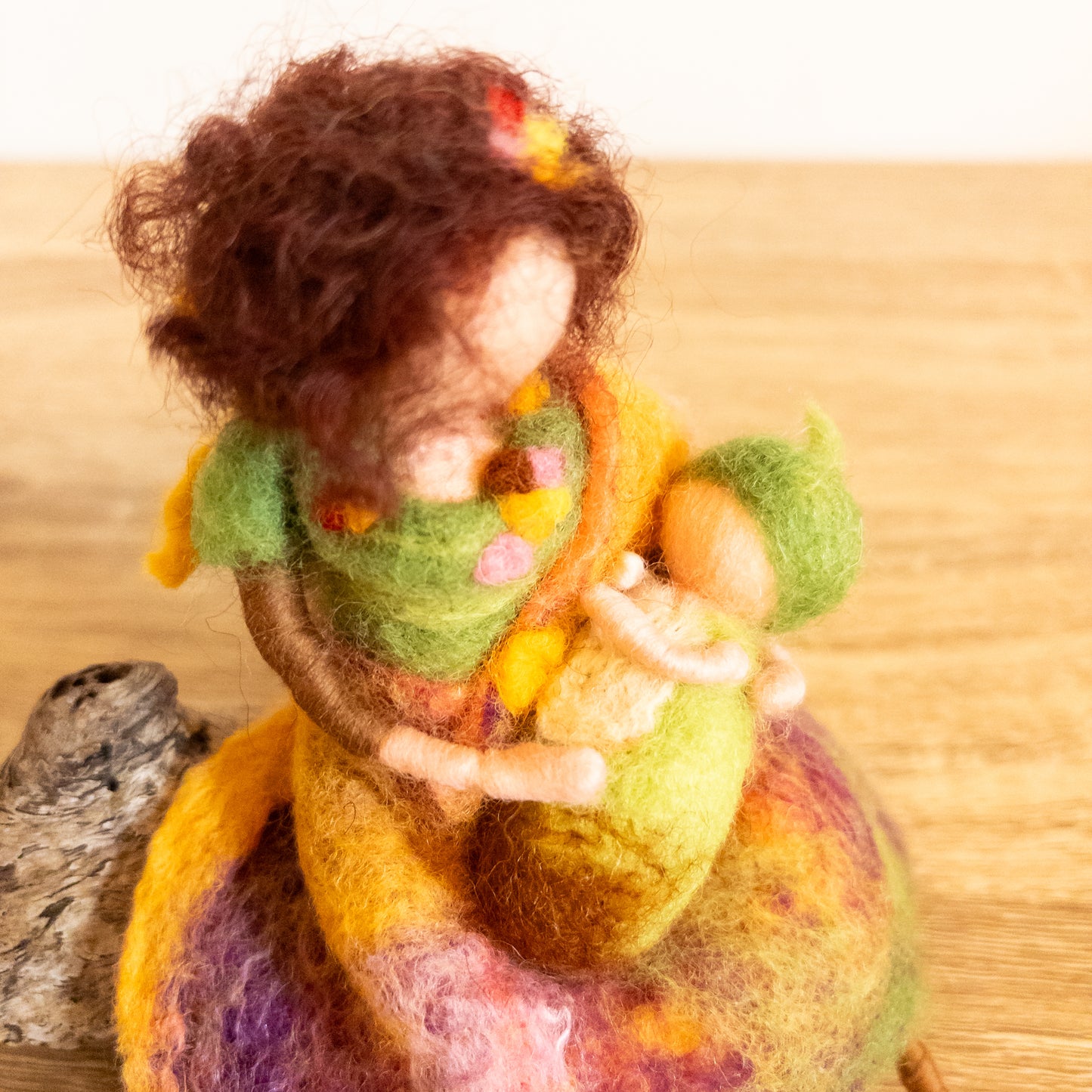 Needle Felted Mother & Baby on Driftwood – Handmade Wool Sculpture