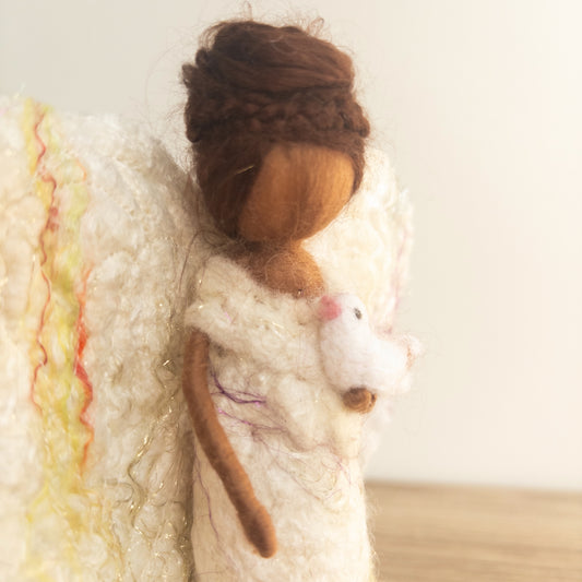 Hand Felted Angel with white Bird on Wooden Base