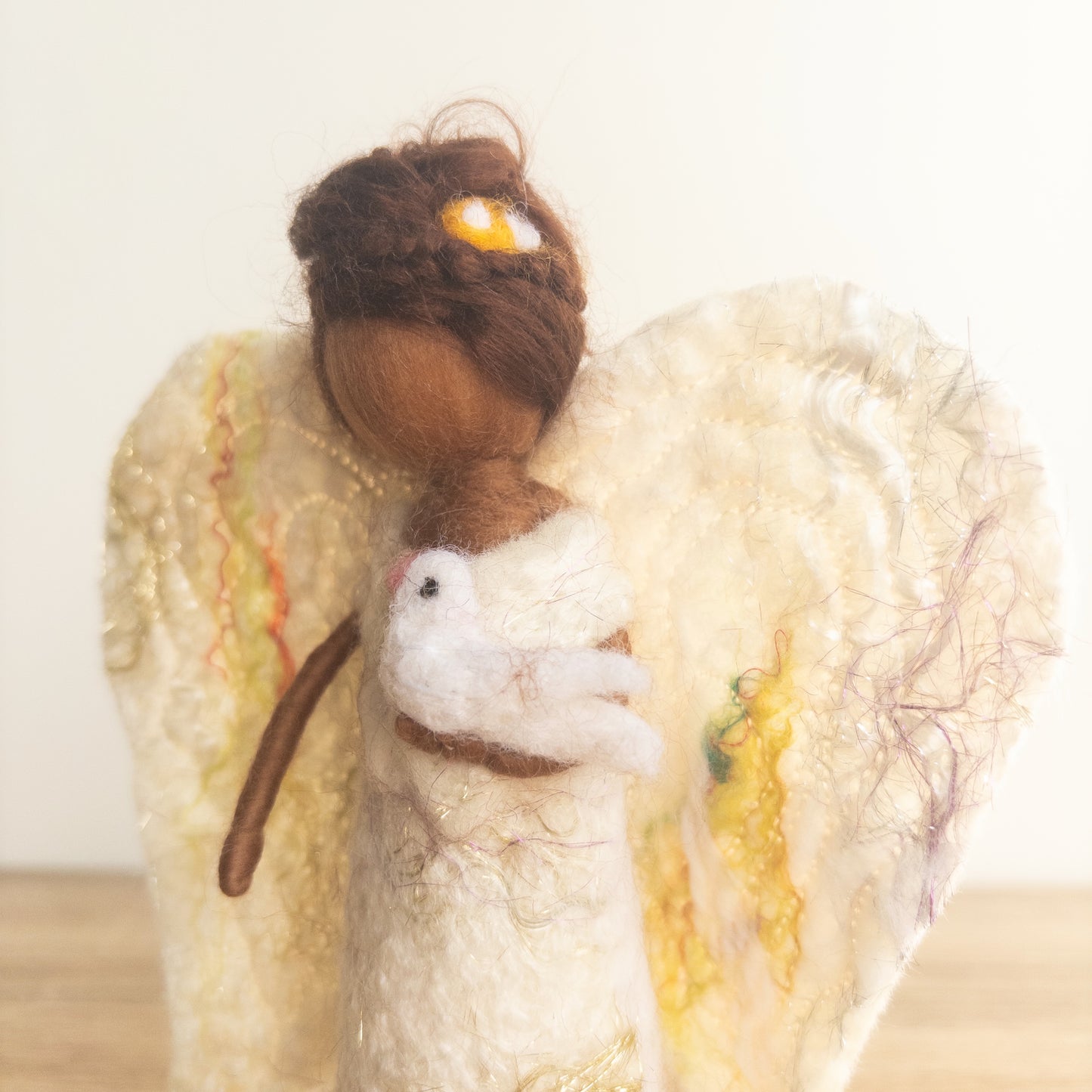 Hand Felted Angel with white Bird on Wooden Base