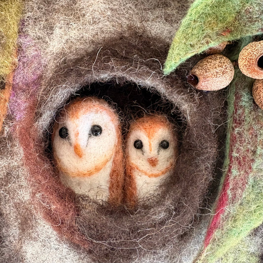 Two Owls Peeking from the Tree – 3D Felted Wall Art
