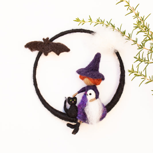 Whimsical Felted Halloween Wreath - Friendly Witch with cute Ghost, Cat and Bat