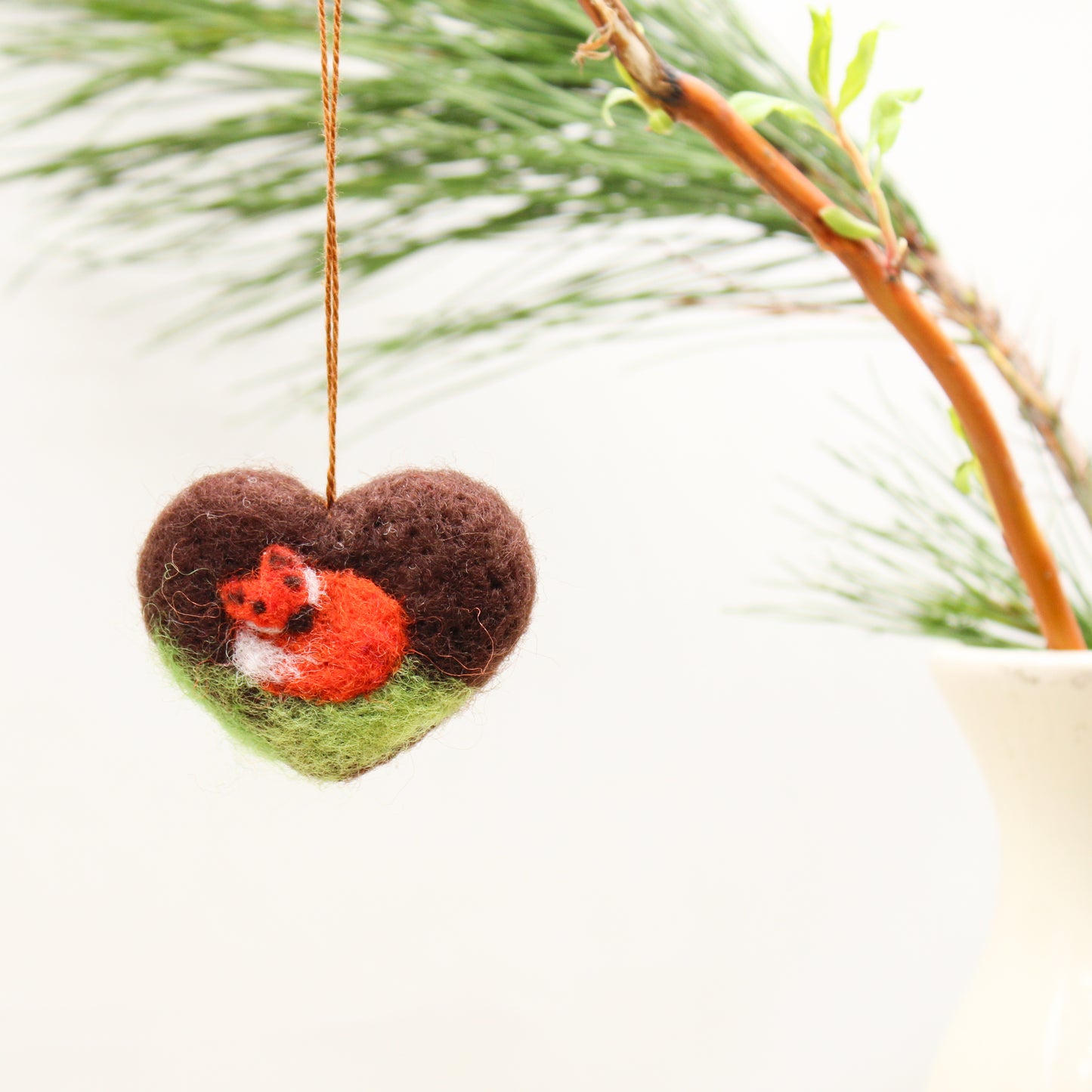 Felted Heart Ornaments with Sleeping Fox