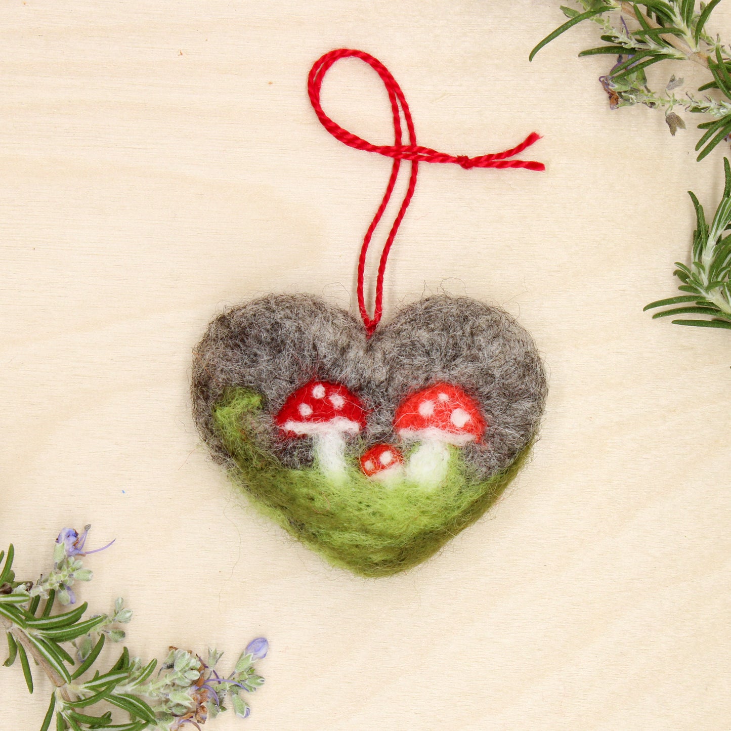 Whimsical Felted Heart Ornaments with Mushrooms