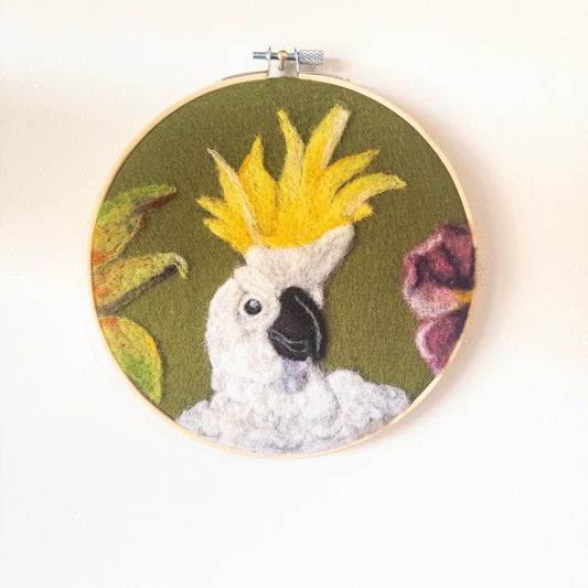 Felted Cockatoo Portrait in Embroidery Hoop