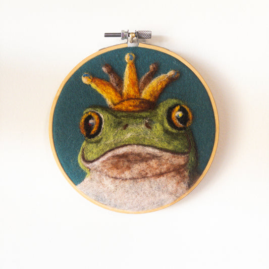 Felted Frog Prince Wall hanging in embroidery hoop