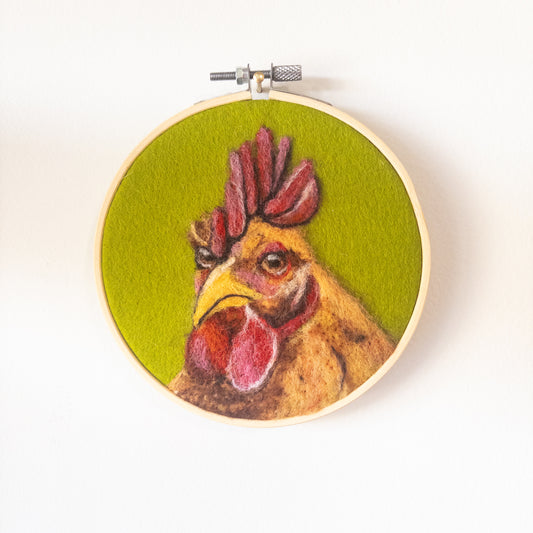 Felted Rooster Portrait in embroidery hoop