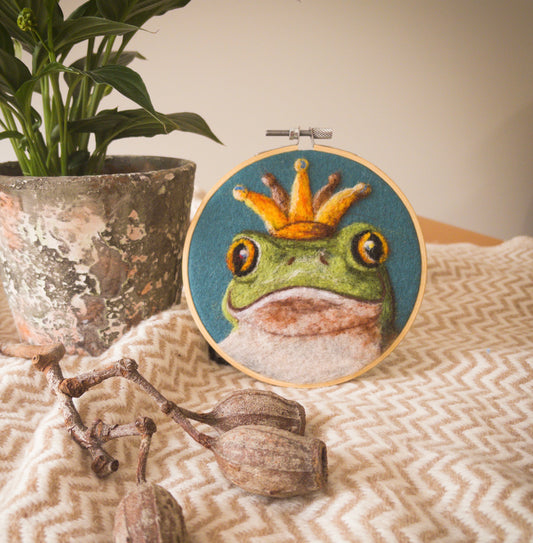 Felted Frog Prince Wall hanging in embroidery hoop