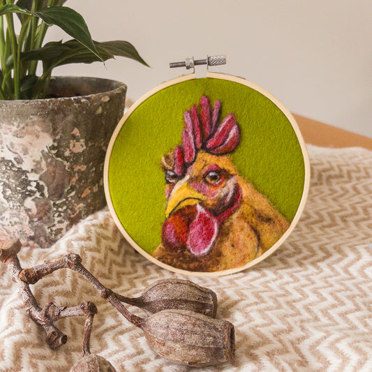 Felted Rooster Portrait in embroidery hoop