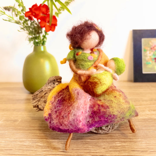 Needle Felted Mother & Baby on Driftwood – Handmade Wool Sculpture