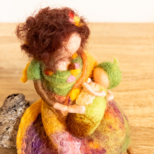 Needle Felted Mother & Baby on Driftwood – Handmade Wool Sculpture