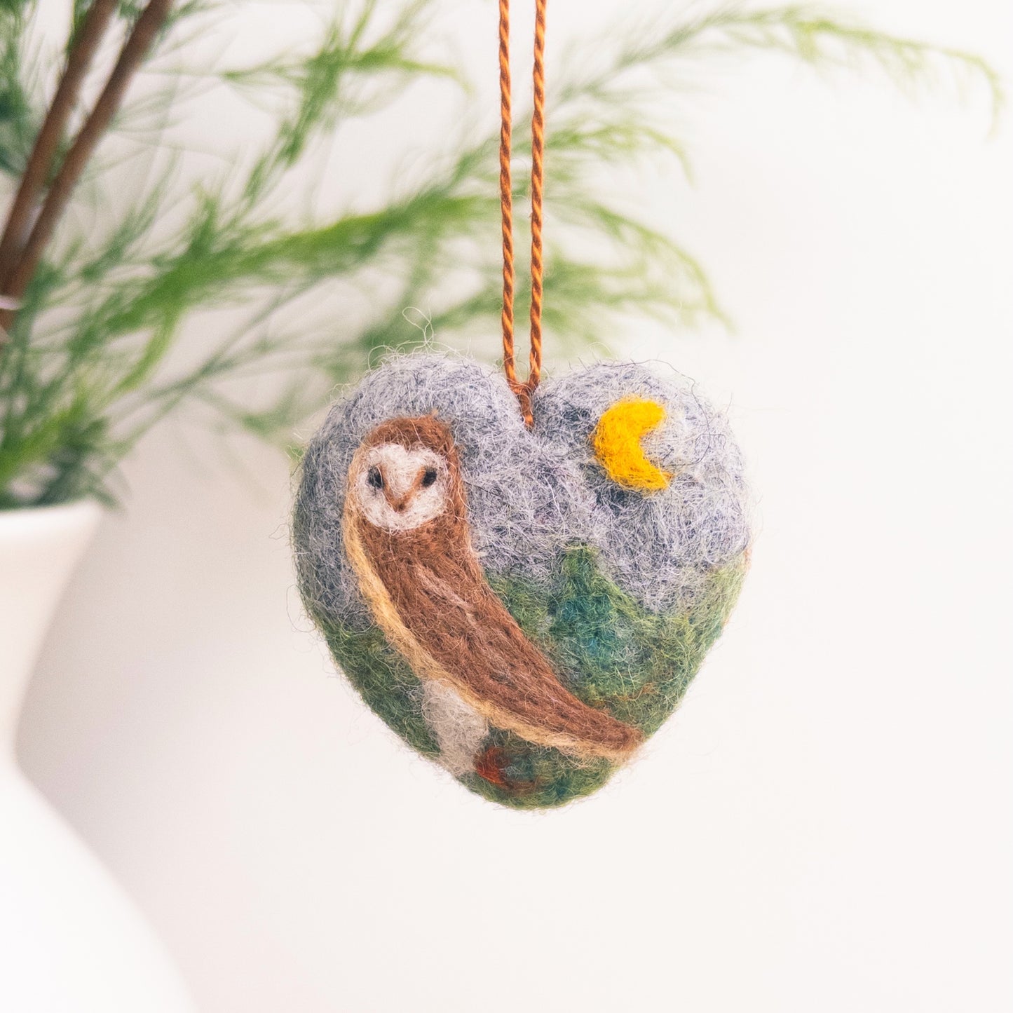 Felted Heart Ornament with Owl and Moon