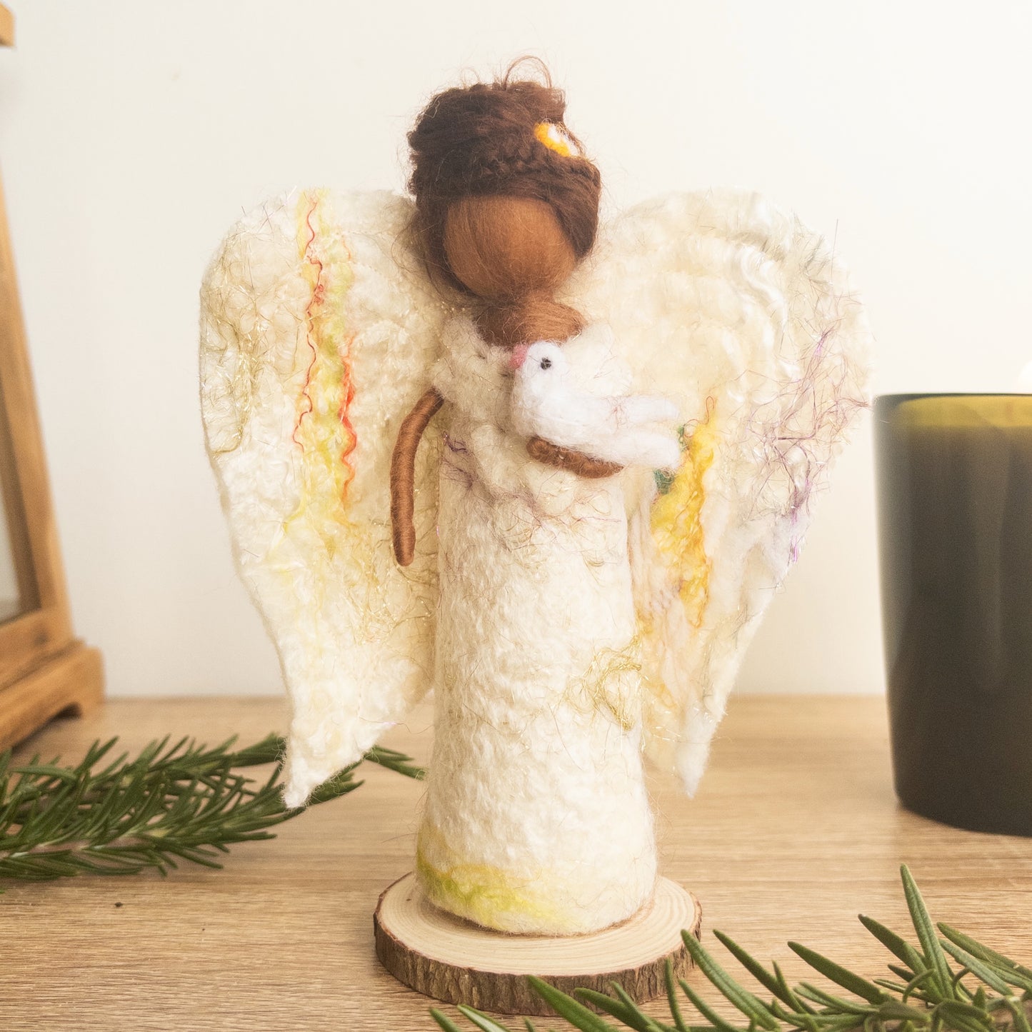Hand Felted Angel with white Bird on Wooden Base