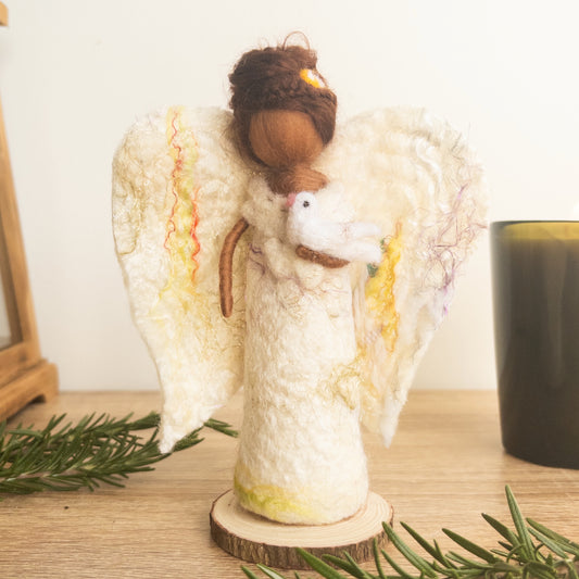 Hand Felted Angel with white Bird on Wooden Base
