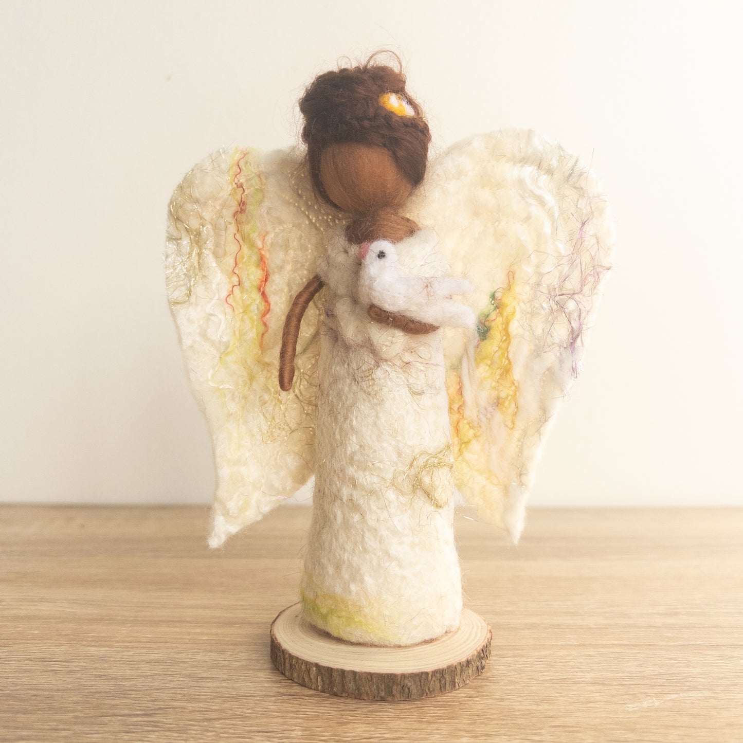 Hand Felted Angel with white Bird on Wooden Base