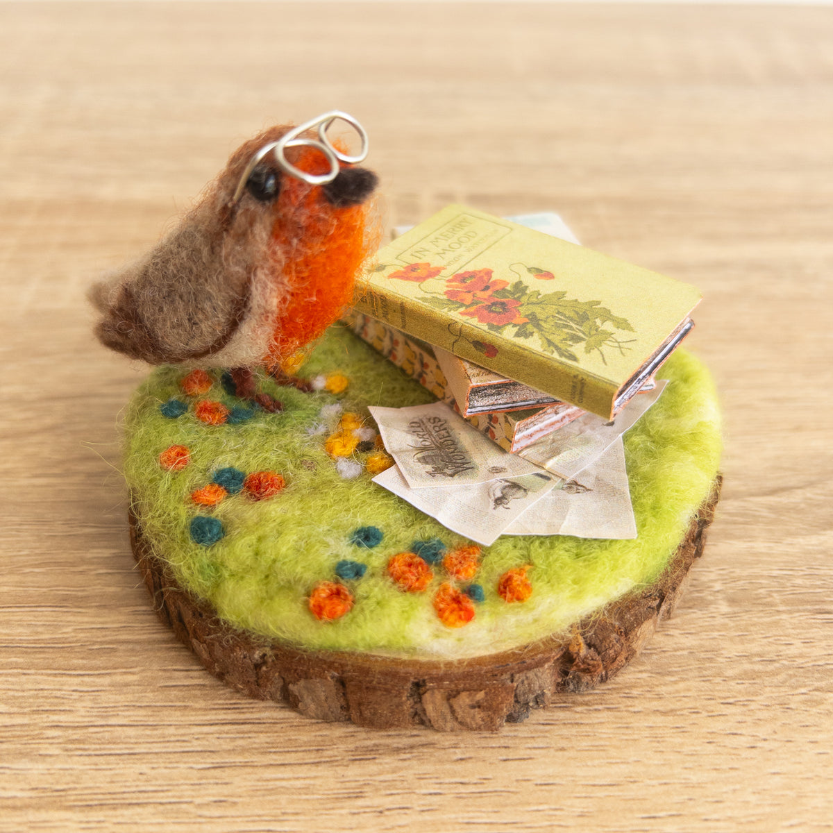Professor Pip Bird with Books – Needle Felted Woodland Sculpture