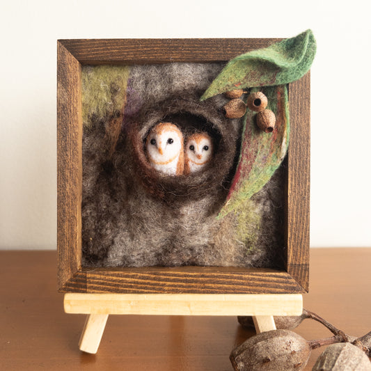Two Owls Peeking from the Tree – 3D Felted Wall Art