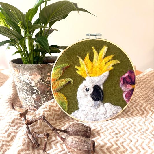 Felted Cockatoo Portrait in Embroidery Hoop