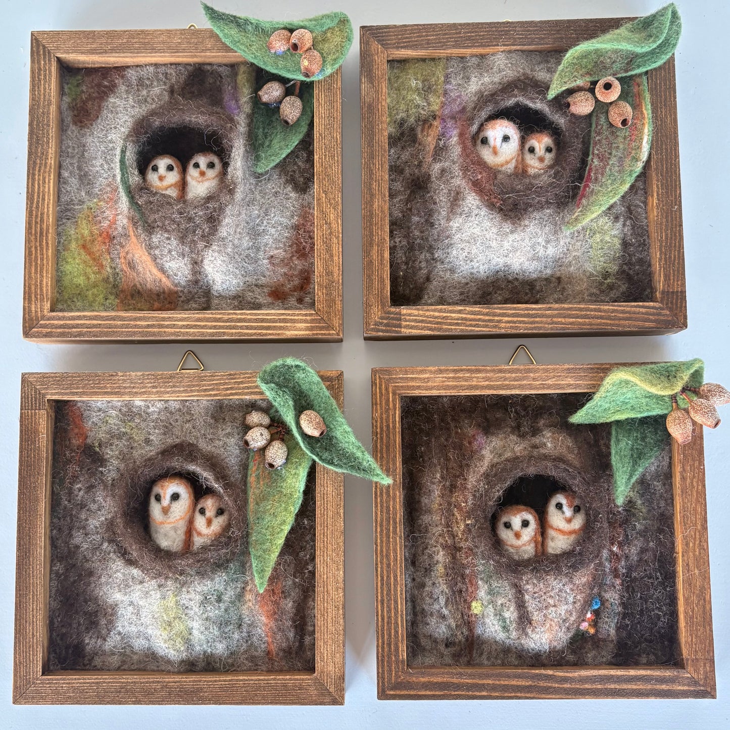 Two Owls Peeking from the Tree – 3D Felted Wall Art