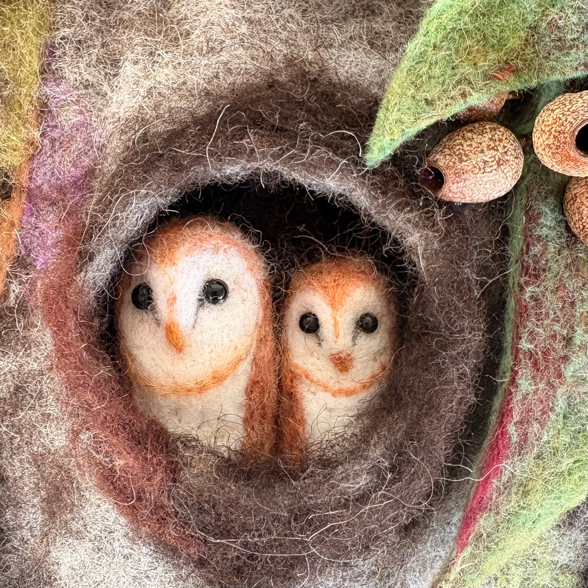 Two Owls Peeking from the Tree – 3D Felted Wall Art