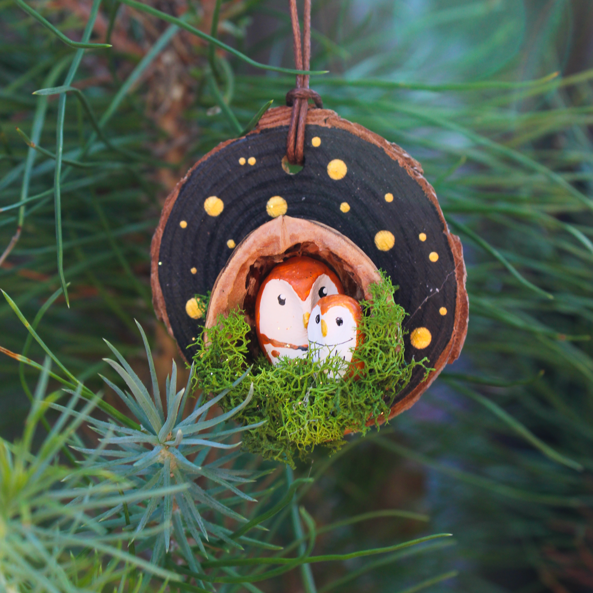 Woodland Owls in Walnut Shell Christmas Tree Decoration - Handmade Miniature