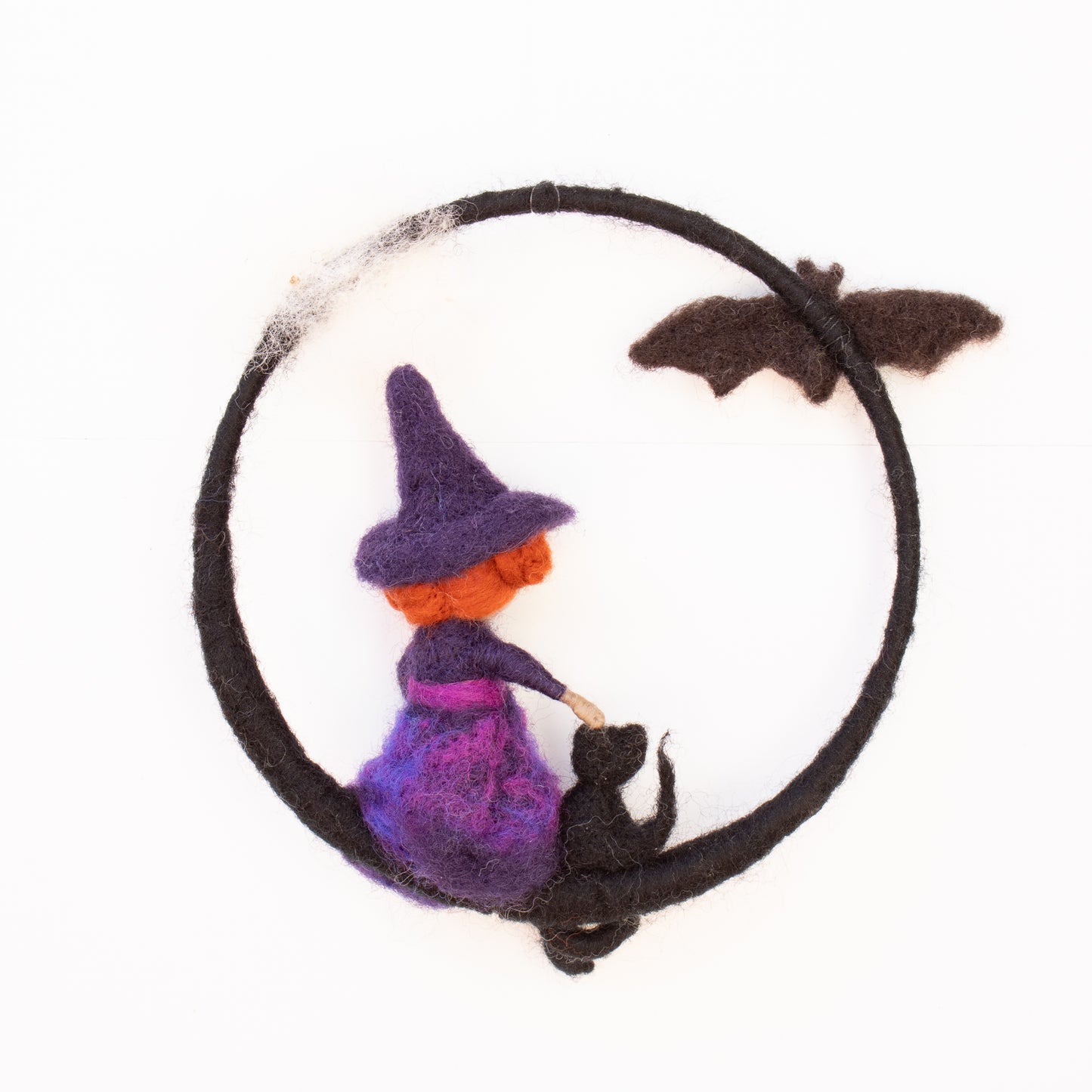 Whimsical Felted Halloween Witch with cute Ghost, Cat and Bat, Window or Wall decor