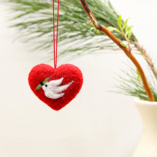 Felted Heart Ornaments with White Peace Bird