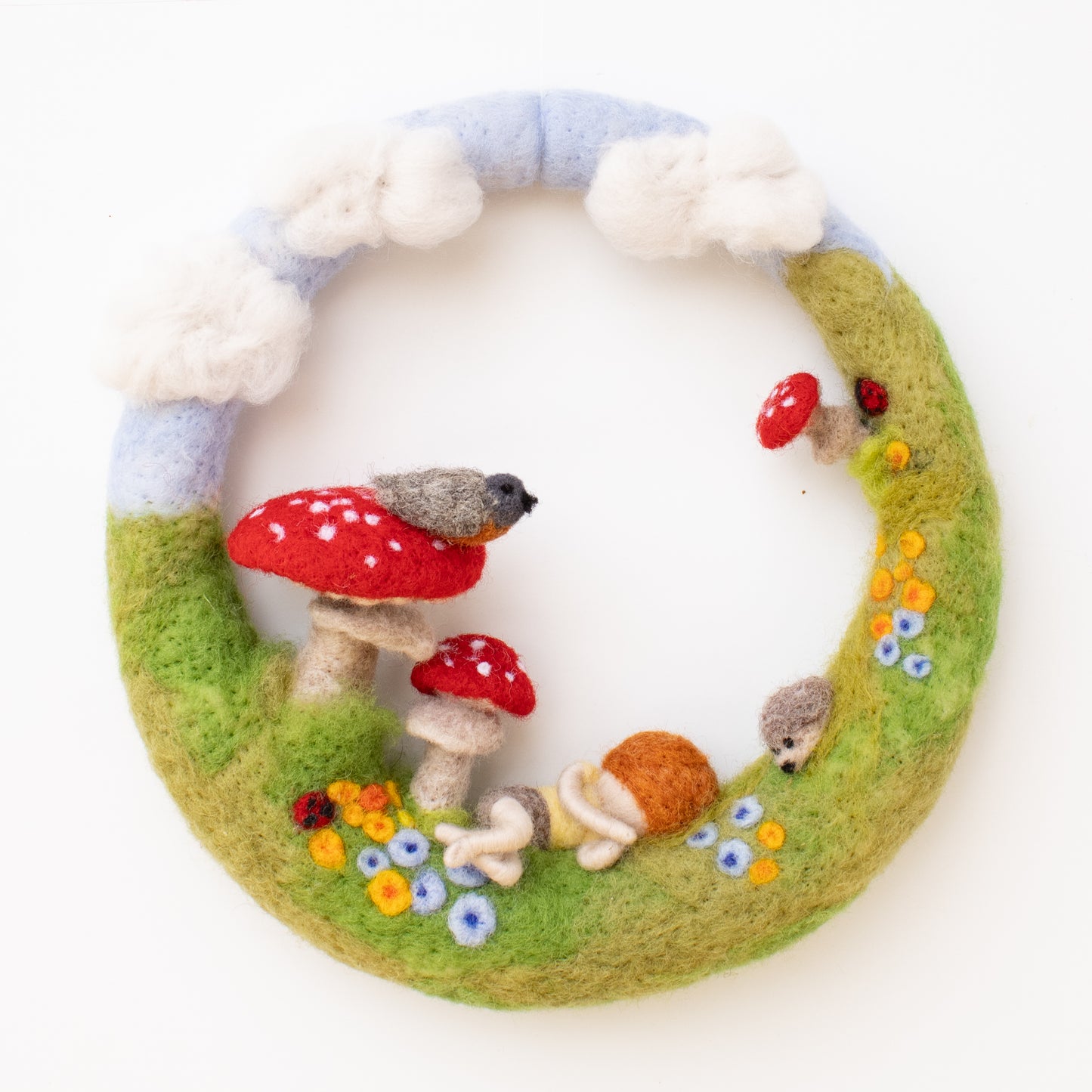 Felted Wreath with Little Baby Sleeping, Wallhanging for Baby Nursery or Play Room