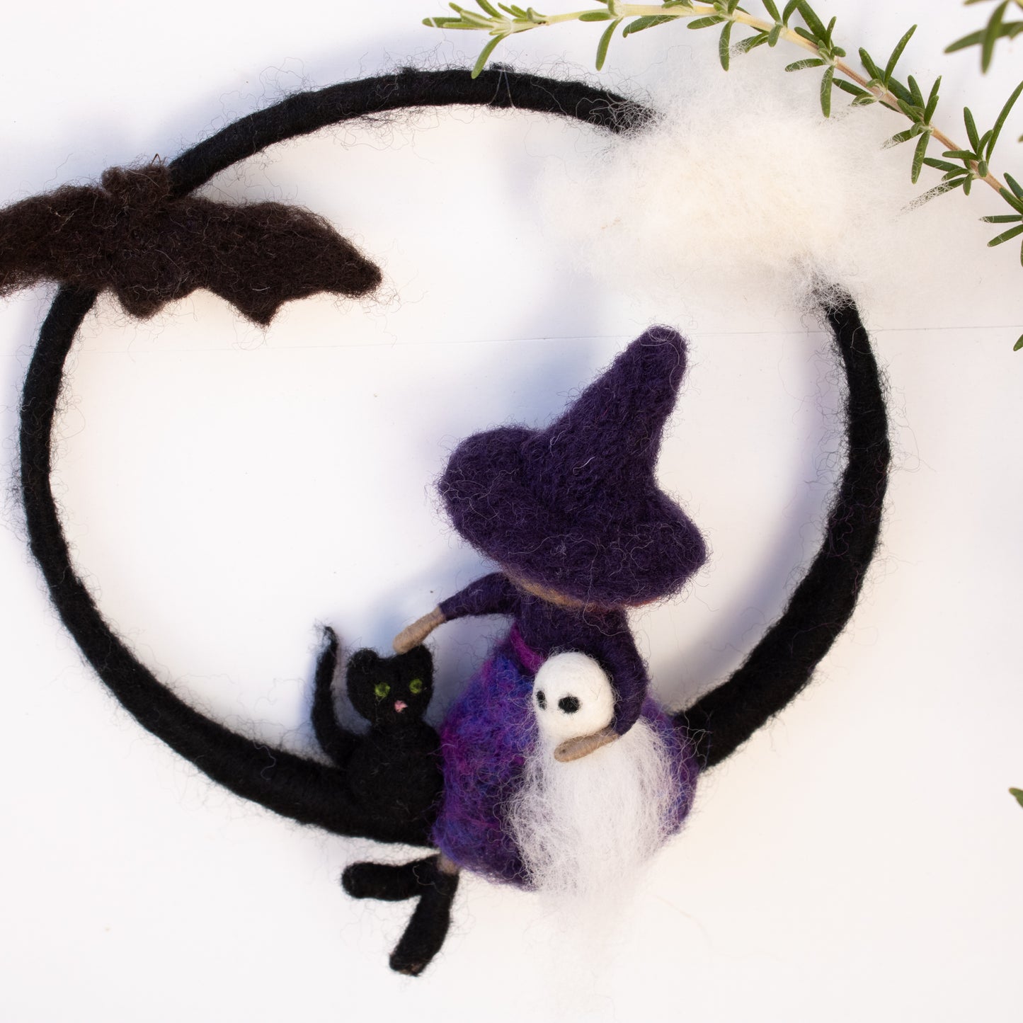 Whimsical Felted Halloween Witch with cute Ghost, Cat and Bat, Window or Wall decor